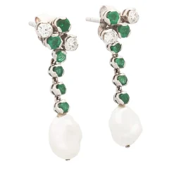 Pendientes de oro blanco, esmeraldas, diamantes y perlas