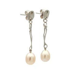 Pendientes largos de oro blanco con perlas cultivadas - 0918