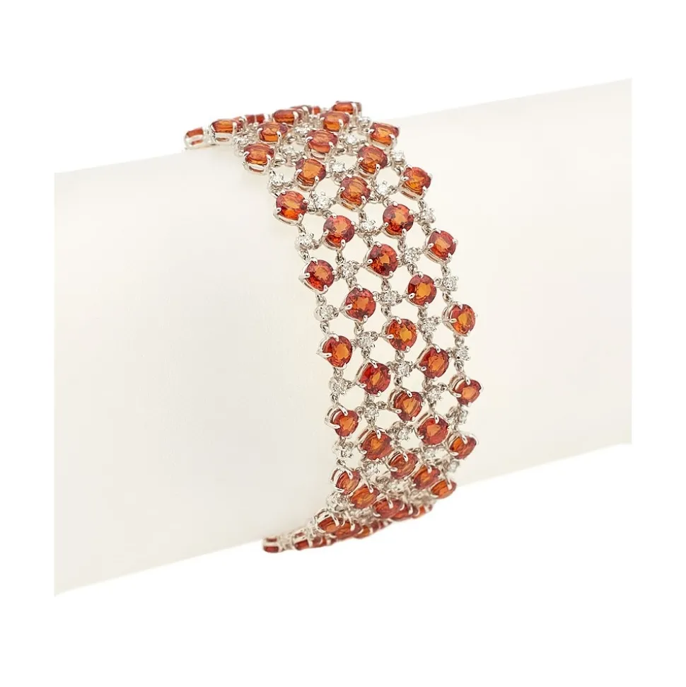 Pulsera de malla en oro blanco, diamantes y zafiros naranjas - 0190-1