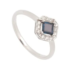 Sortija cuadrada de oro blanco con diamantes y zafiro - 1193