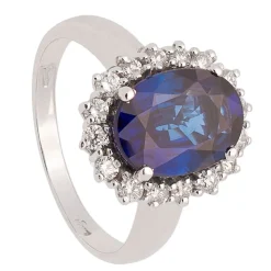 Sortija de oro blanco con zafiro central y corona de diamantes - 0355